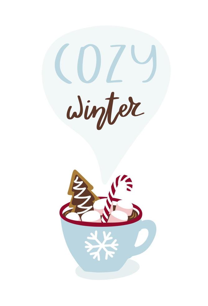 süße grußkarte mit tasse heißer schokolade und beschriftung gemütlichem winter. Vektor-Illustration. vektor