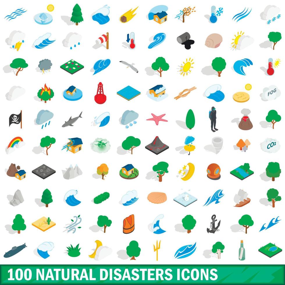 100 Symbole für Naturkatastrophen gesetzt, isometrischer Stil vektor