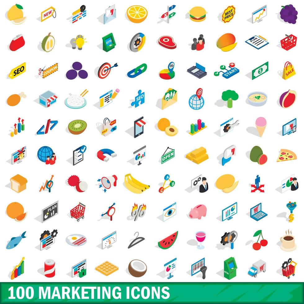 100 Marketing-Icons gesetzt, isometrischer 3D-Stil vektor