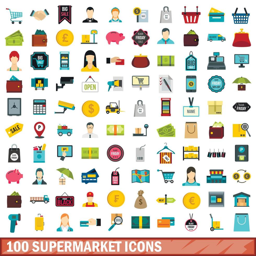 100 Supermarkt-Icons gesetzt, flacher Stil vektor