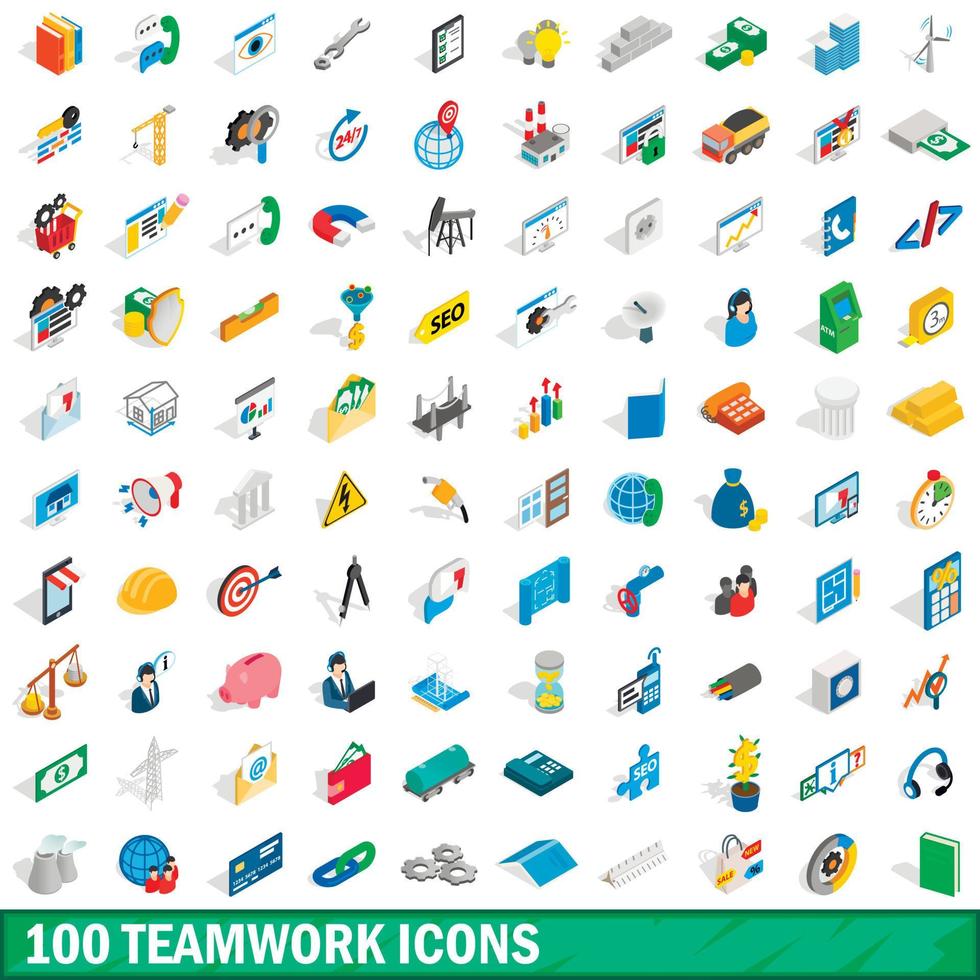 100 Teamwork-Icons gesetzt, isometrischer 3D-Stil vektor