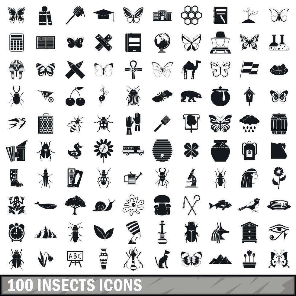 100 insekter ikoner set, enkel stil vektor