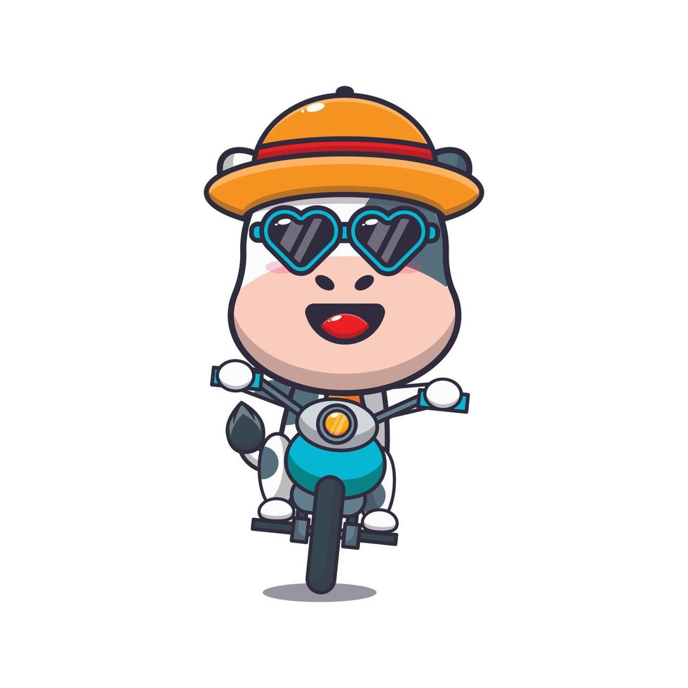 coole kuh-karikatur-maskottchen-figur fahren motorrad im sommertag vektor