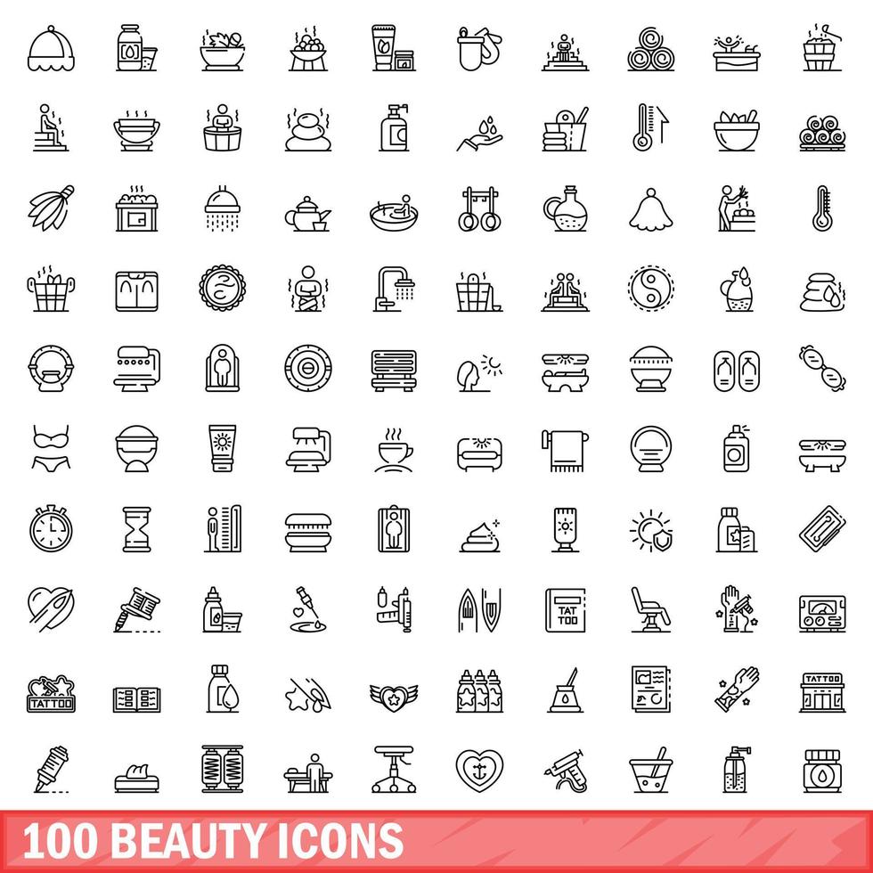 100 Beauty-Icons gesetzt, Umrissstil vektor