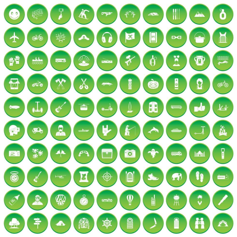 100 Abenteuersymbole setzen grünen Kreis vektor