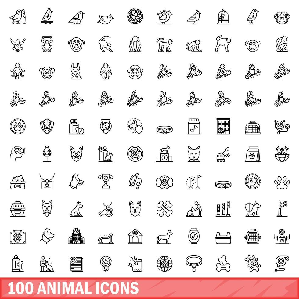 100 Tiersymbole gesetzt, Umrissstil vektor