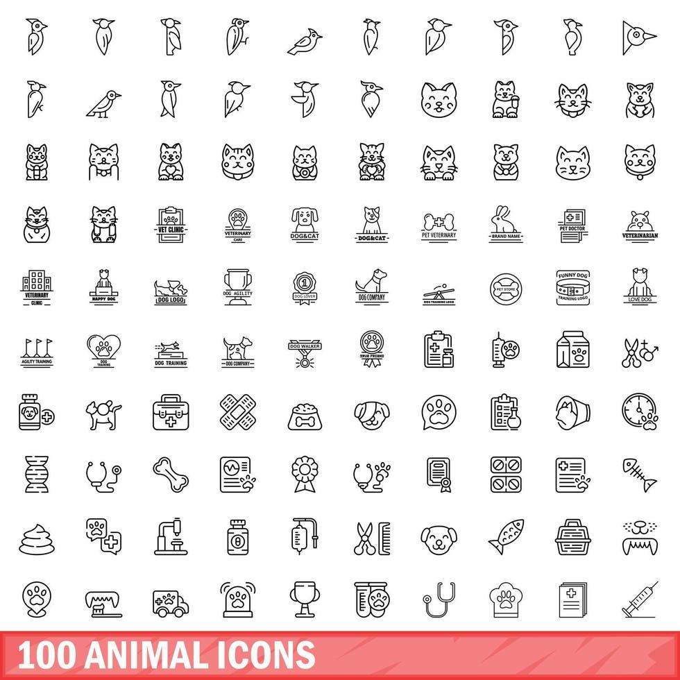 100 djurikoner set, konturstil vektor