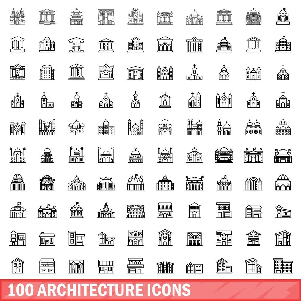 100 Architektursymbole gesetzt, Umrissstil vektor