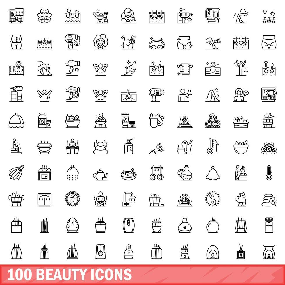 100 Beauty-Icons gesetzt, Umrissstil vektor