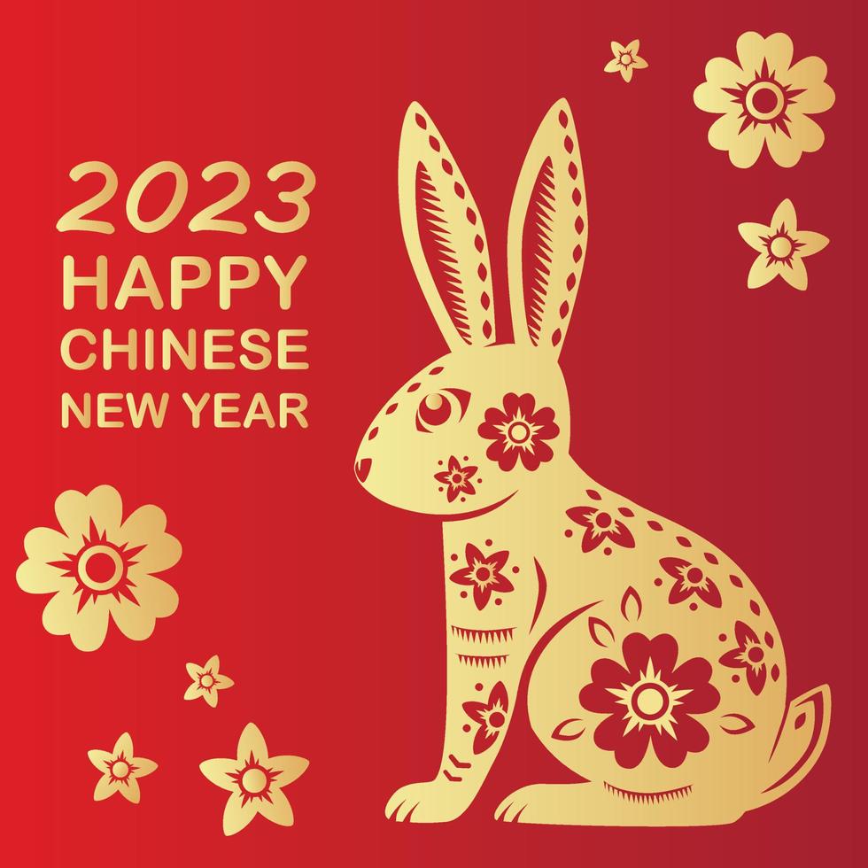 frohes chinesisches neujahr 2023 sternzeichen, jahr des kaninchens, mit goldpapierschnittkunst auf rotem farbhintergrund mit chinesischen blumen vektor