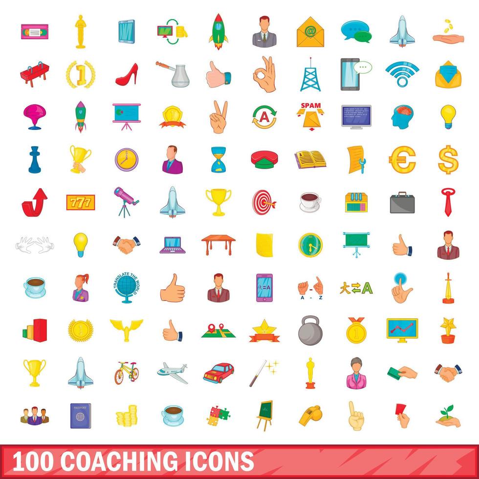 100 Coaching-Symbole im Cartoon-Stil vektor