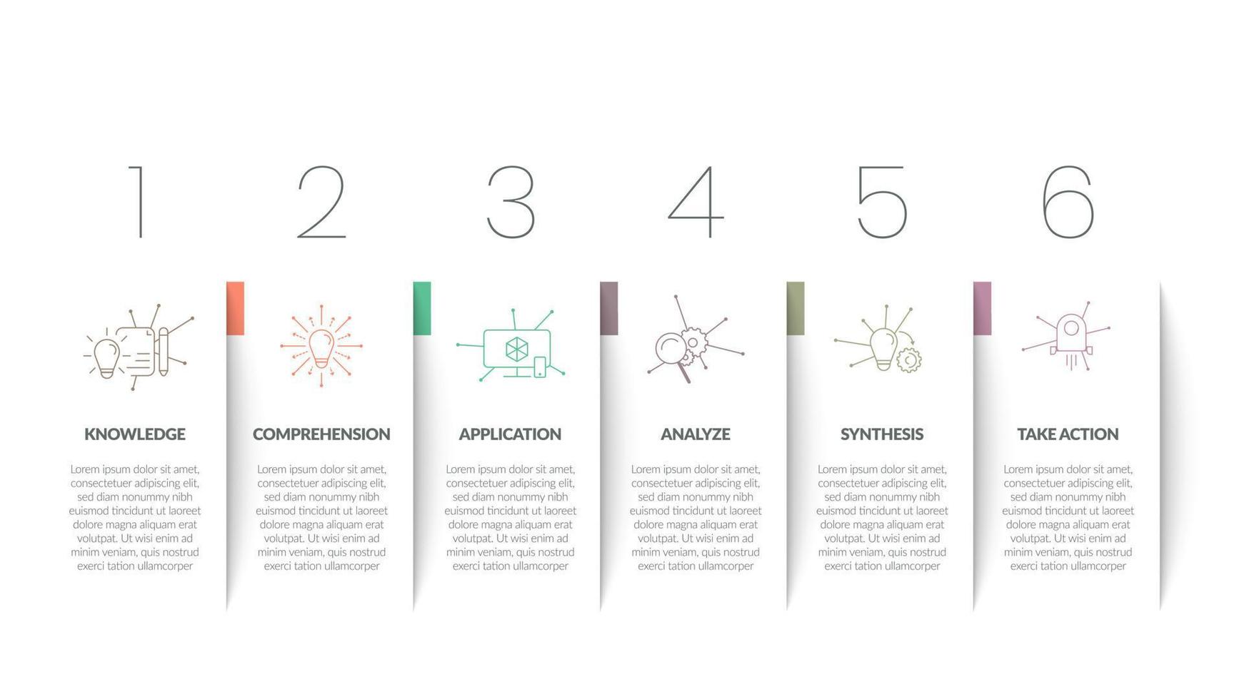 kreative minimale infografikvorlage für unternehmen. zeitachsenprozesse mit papierschnittdesign und 6 optionen, schritten oder teilen für banner- oder folienpräsentation. einfaches arbeitsablauflayout-gestaltungselement mit symbolen. vektor