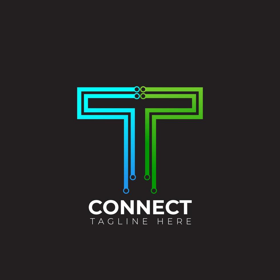 buchstabe t logotyp grüne und blaue farbe, technologie und digitaler abstrakter punktverbindungslogovektor vektor