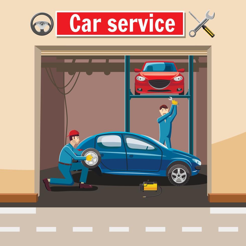 Auto-Service-Station-Konzept, Cartoon-Stil vektor