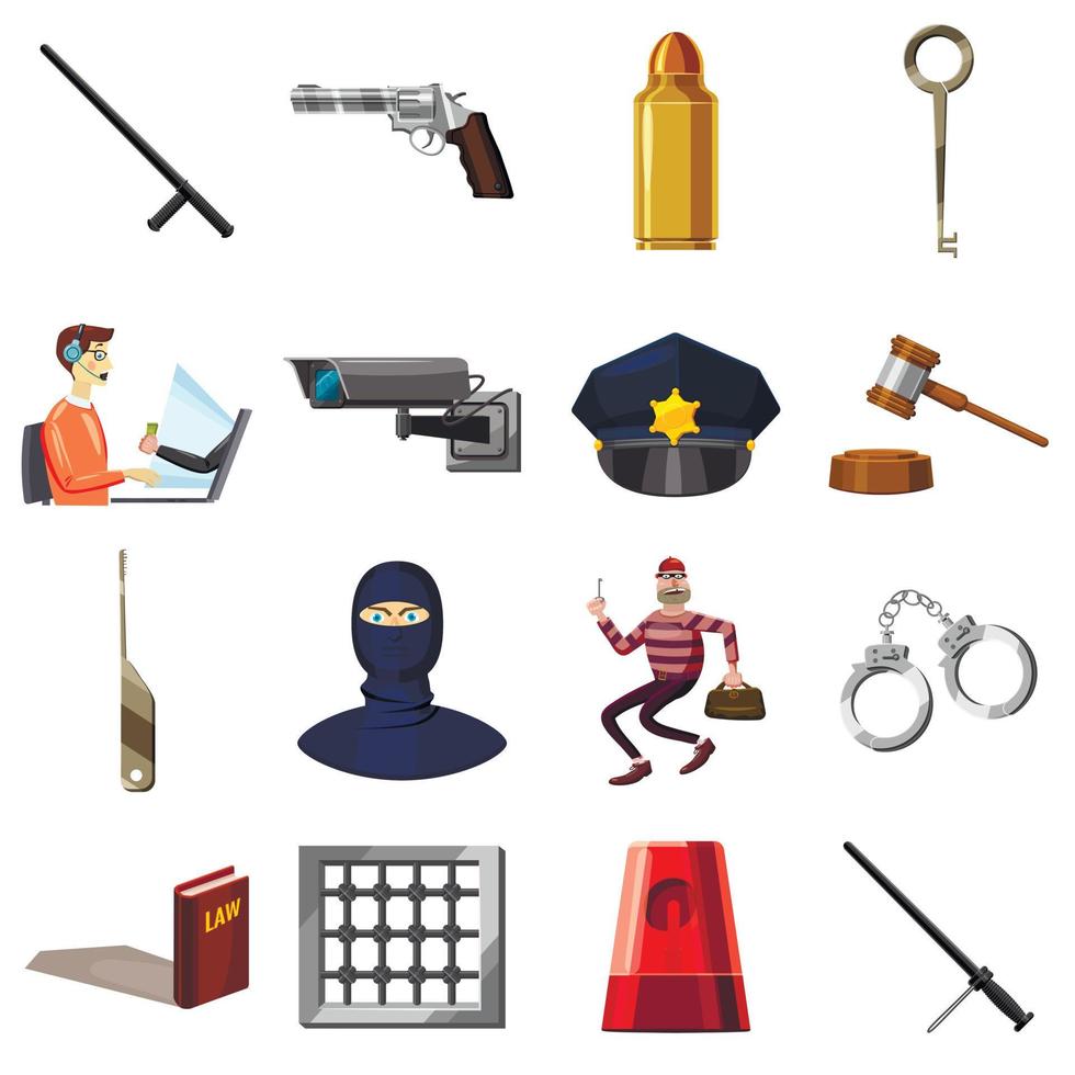 kriminella symboler ikoner set, tecknad stil vektor