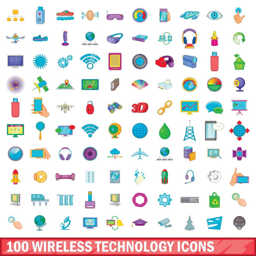 100 trådlös teknik ikoner set, tecknad stil vektor