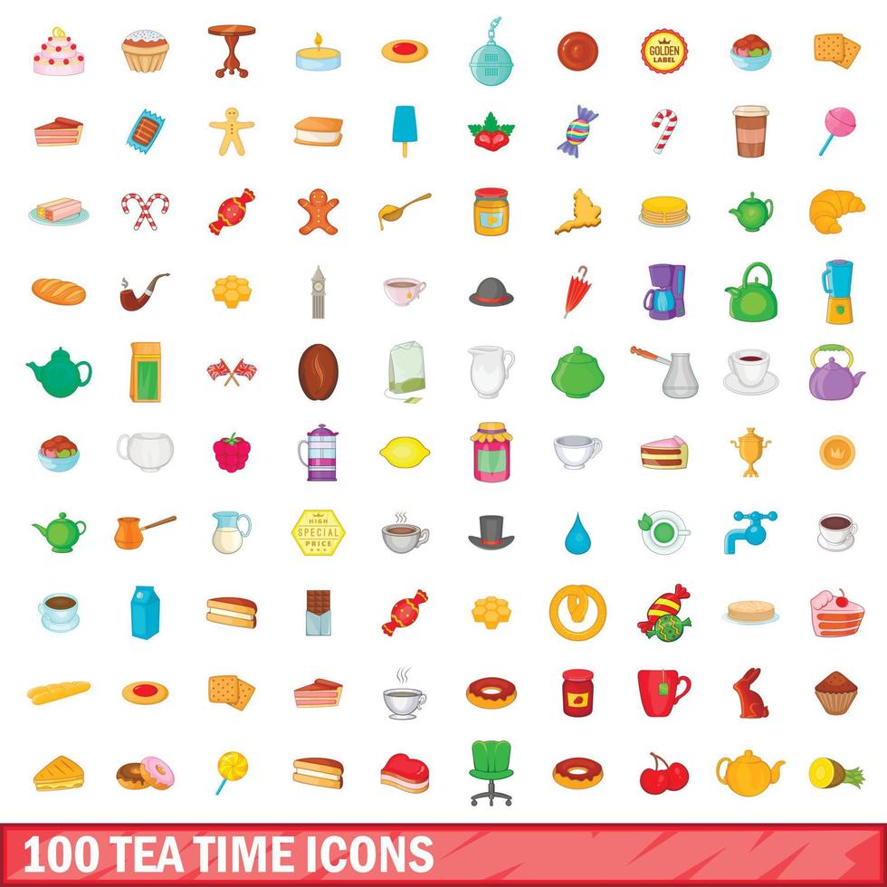 100 Teezeit-Icons gesetzt, Cartoon-Stil vektor