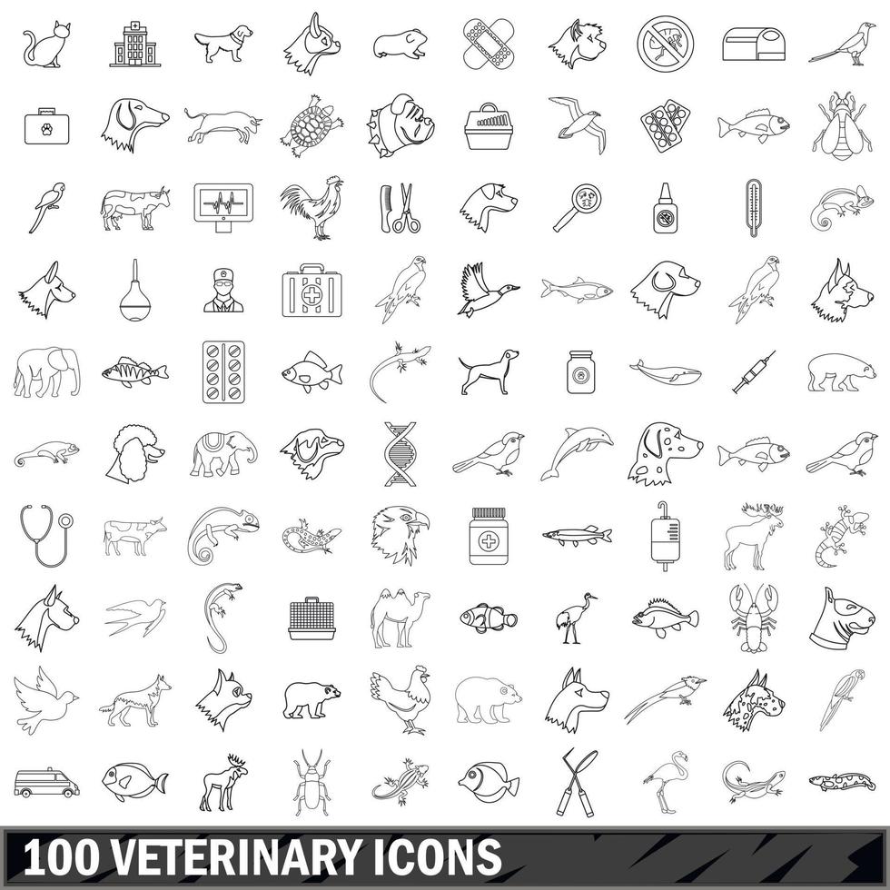 100 Veterinärsymbole gesetzt, Umrissstil vektor