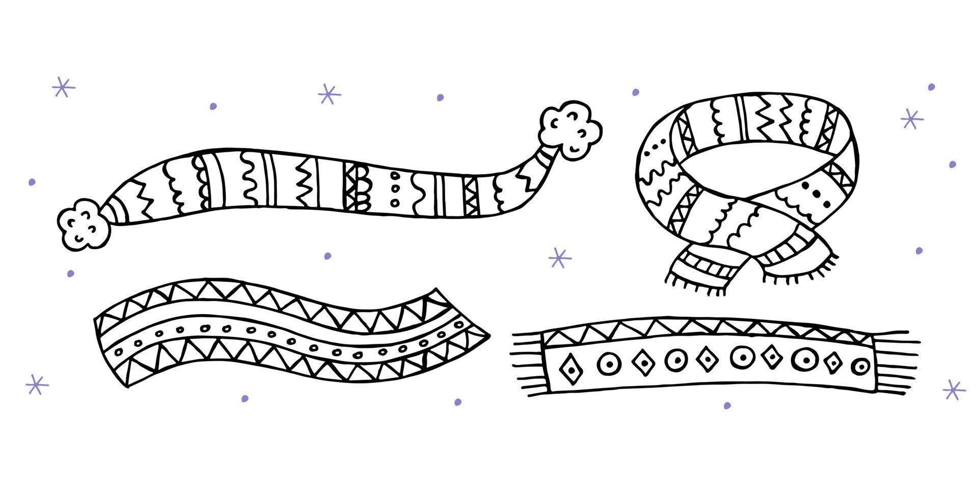 en uppsättning handritade vinterkläder. vektor illustration i doodle stil. vinterstämning. hej 2023. god jul och gott nytt år. svarta och violetta halsdukar på vit bakgrund.