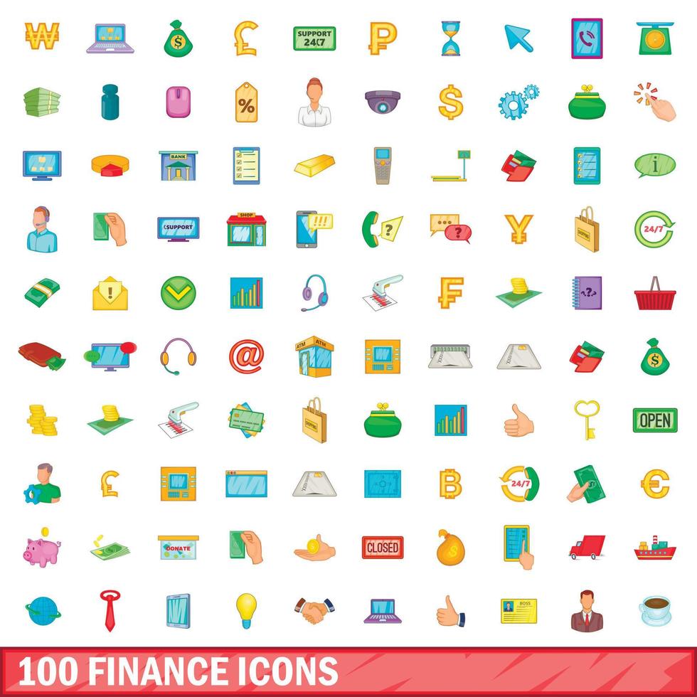 100 Finanzsymbole im Cartoon-Stil vektor