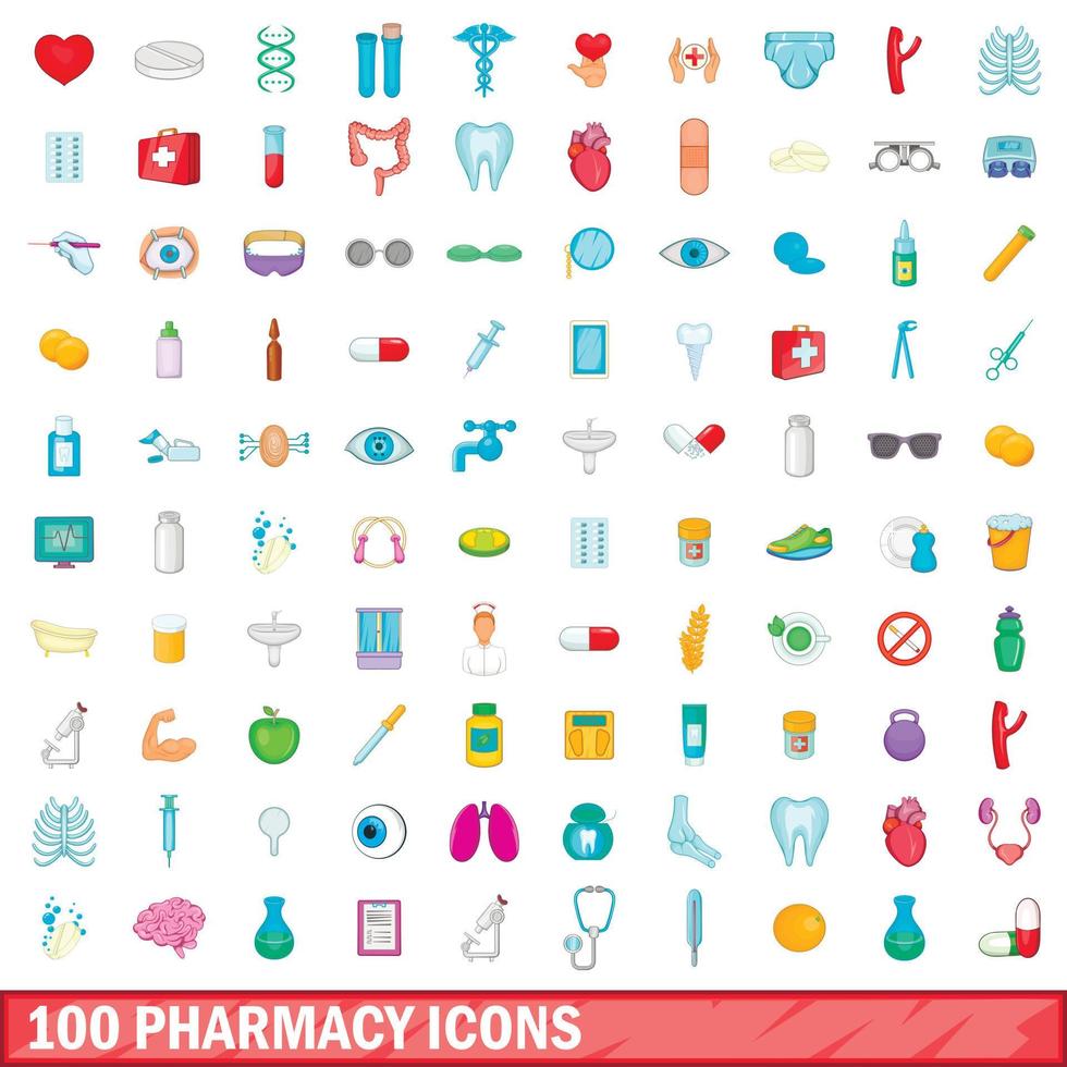 100 Apothekensymbole im Cartoon-Stil vektor