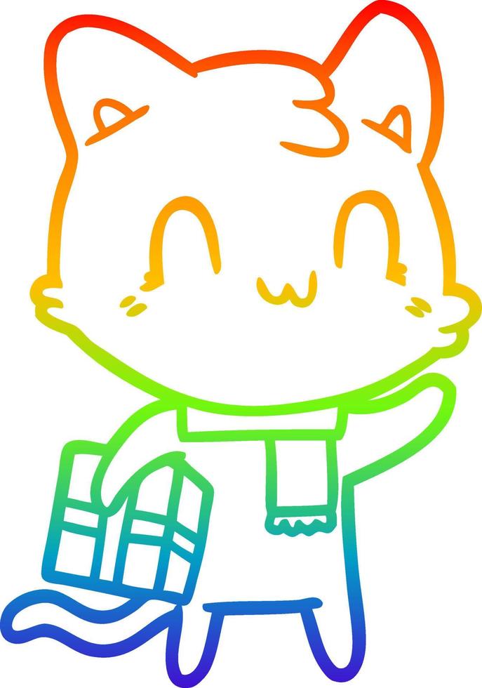 Regenbogen-Gradientenlinie Zeichnung Cartoon glückliche Katze mit Schal vektor
