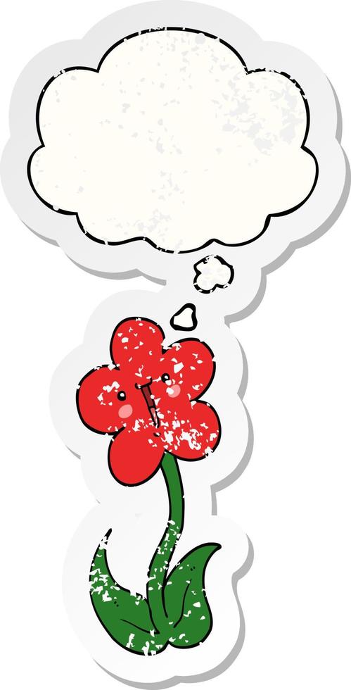Cartoon-Blume und Gedankenblase als beunruhigter, abgenutzter Aufkleber vektor