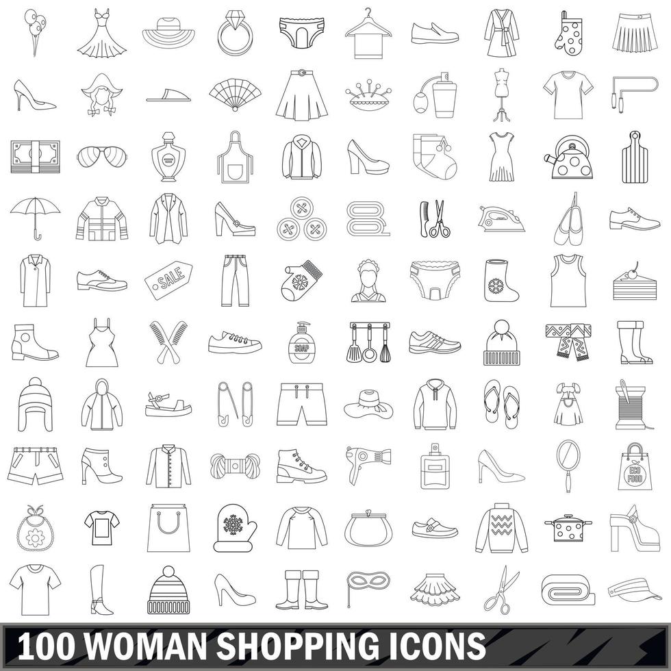 100 Frauen-Shopping-Icons gesetzt, Umriss-Stil vektor