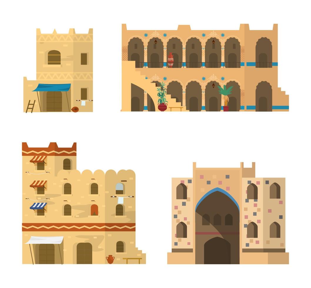 Reihe traditioneller islamischer Architektur. Lehmziegelbauten mit Mosaiken, Ornamenten und Markisen. flache vektorillustration. vektor