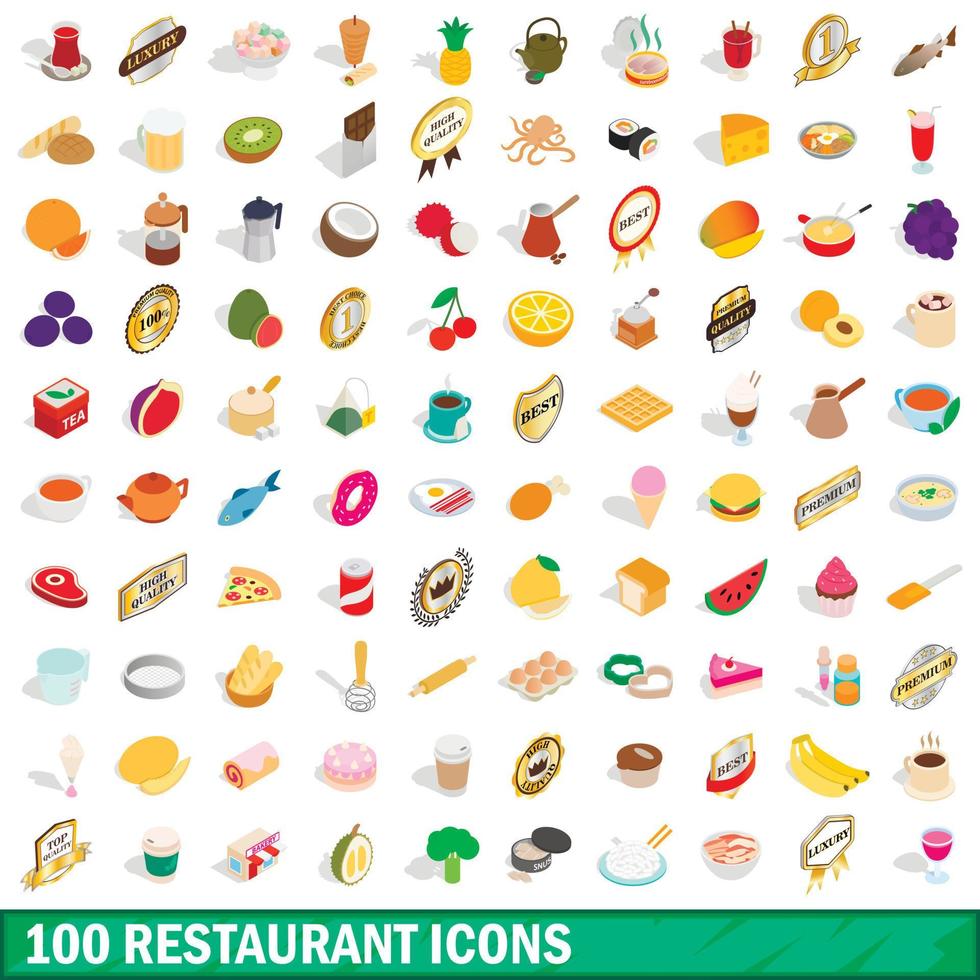 100 Restaurant-Icons gesetzt, isometrischer 3D-Stil vektor