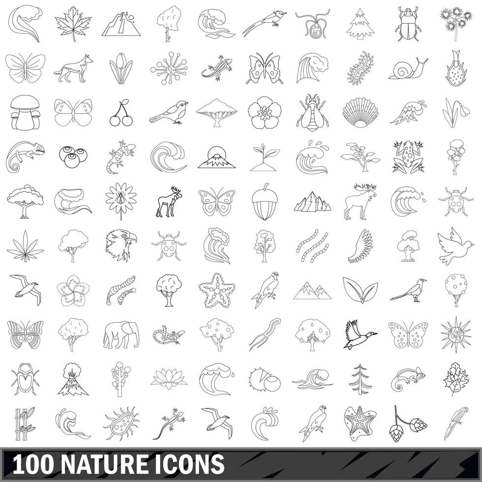 100 naturikoner set, konturstil vektor