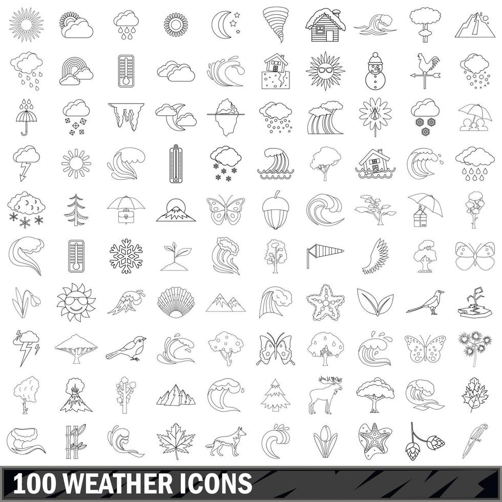 100 Wettersymbole gesetzt, Umrissstil vektor