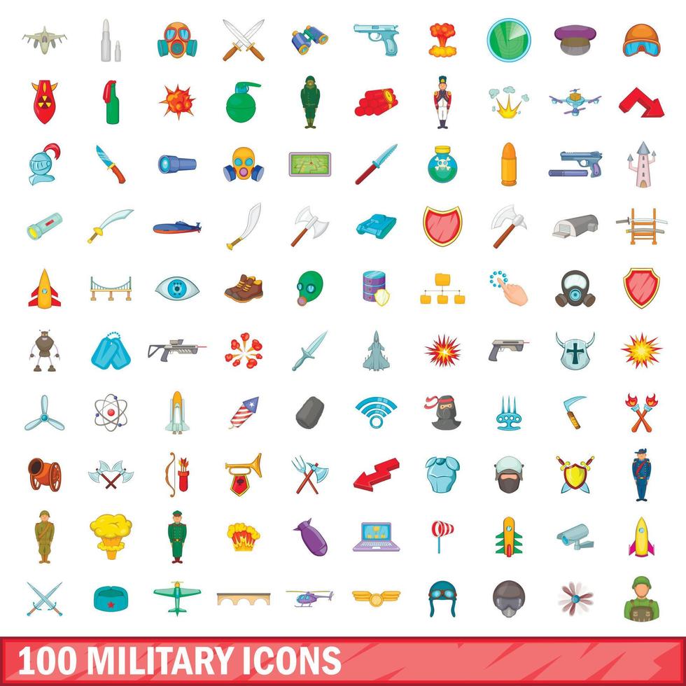 100 militärische Symbole im Cartoon-Stil vektor