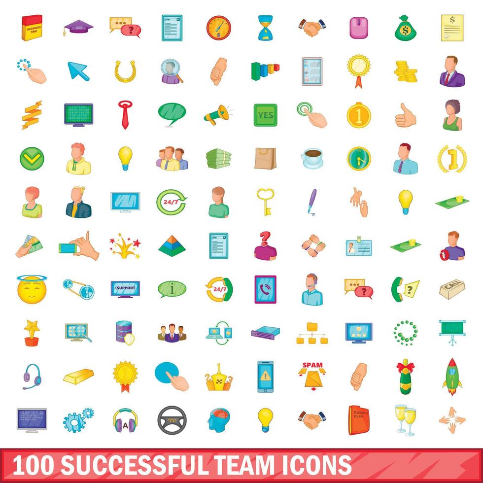 100 erfolgreiche Team-Icons gesetzt, Cartoon-Stil vektor