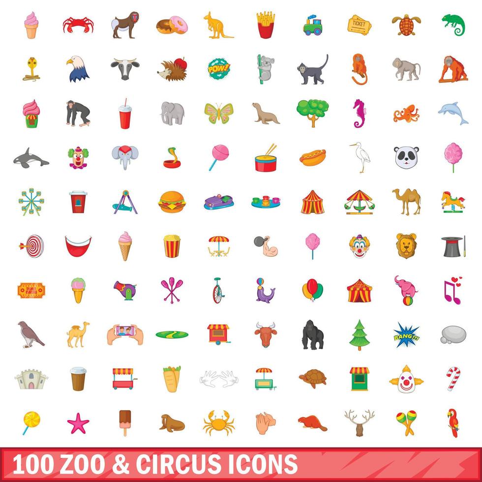 100 zoo och cirkus ikoner set, tecknad stil vektor