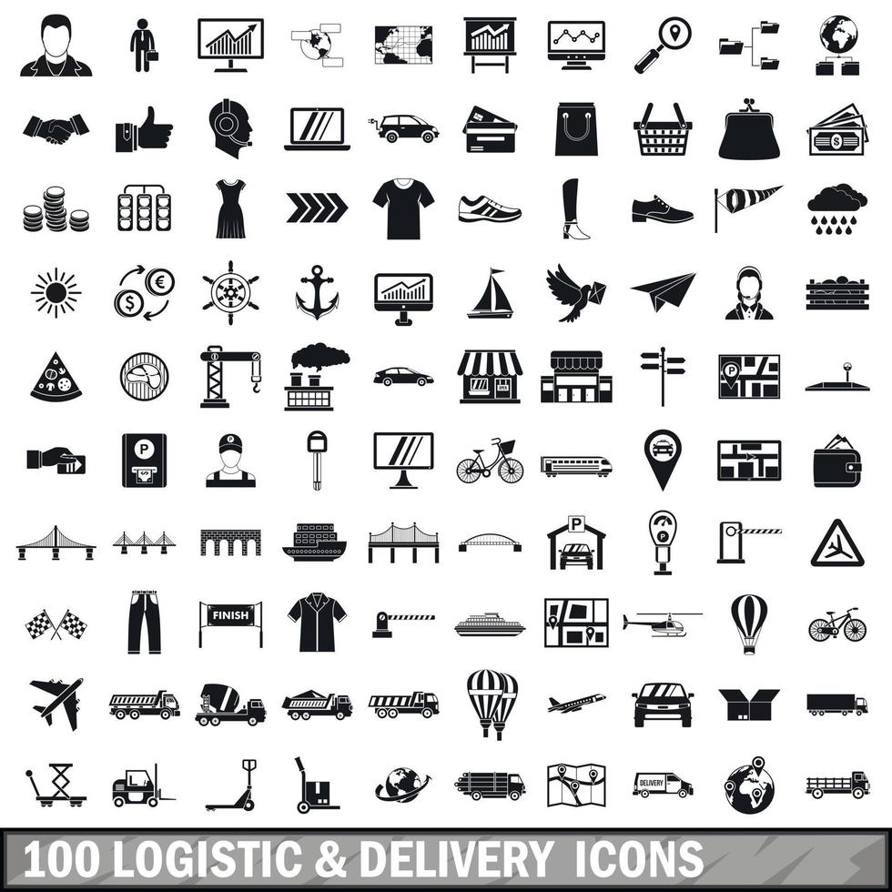 100 logistik- och leveransikoner set, enkel stil vektor