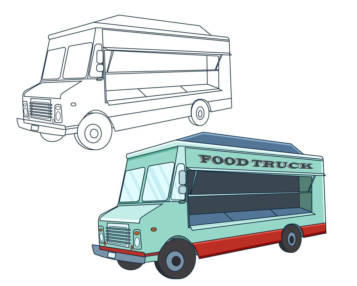 food truck, skiss linjekonst och färgglada tecknade vektorillustration. vektor