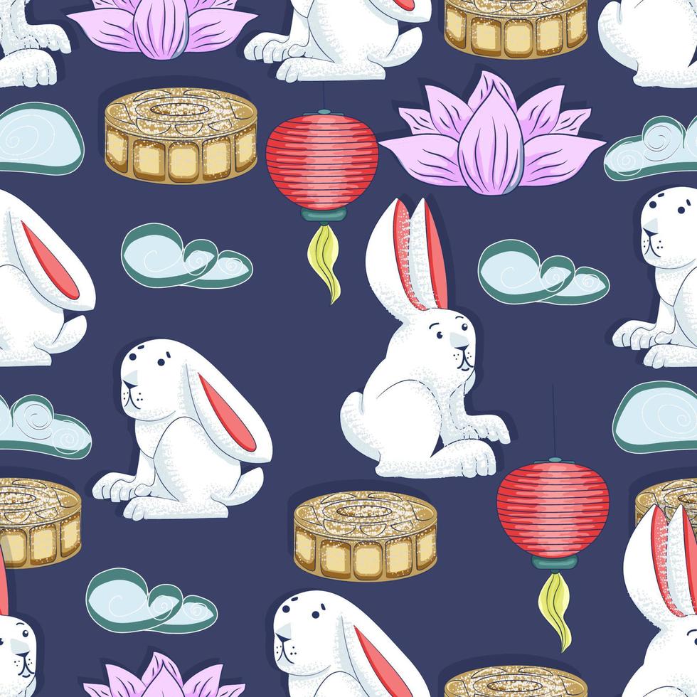 mittherbstfesthintergrund mit kaninchen, mondkuchen, lotus, wolken und chinesischen laternen. Vektor nahtlose Muster.