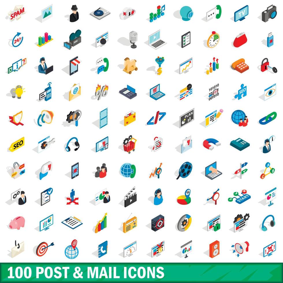 100 Post- und Mail-Icons gesetzt, isometrischer 3D-Stil vektor