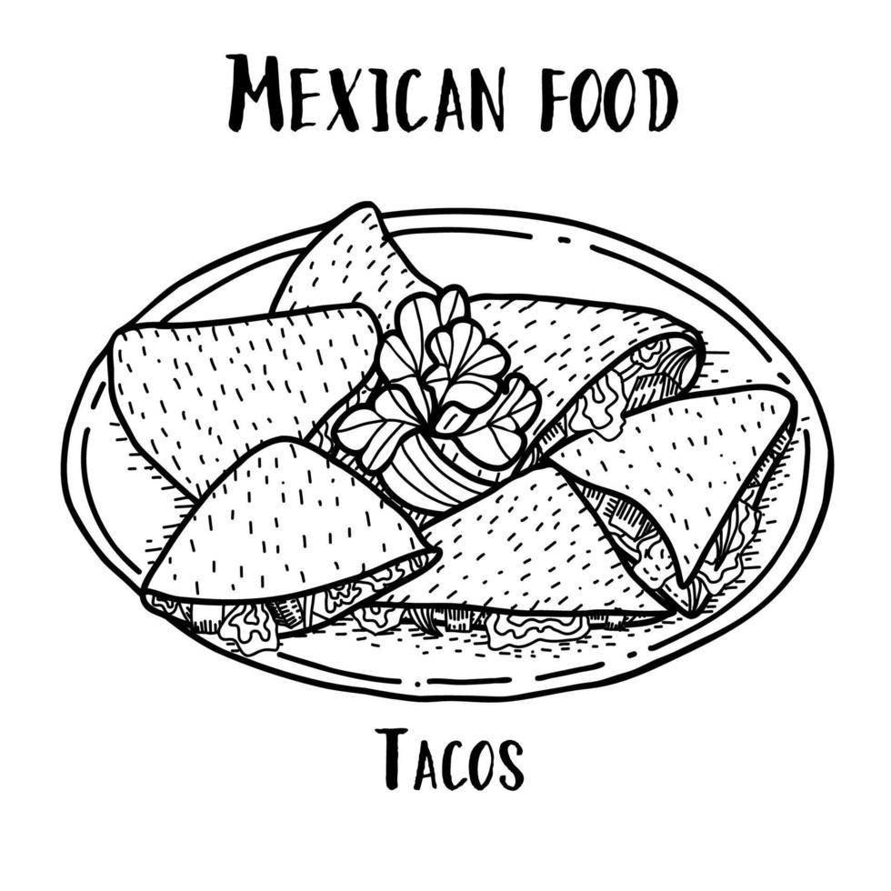 Mexikanisches Essen Tacos. handgezeichnete schwarz-weiße Vektorgrafik im Doodle-Stil. vektor
