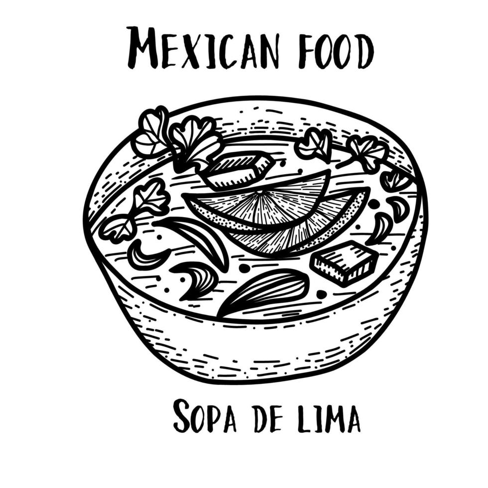 mexikansk mat sopa de lima. handritad svart och vit vektorillustration i doodle stil. vektor