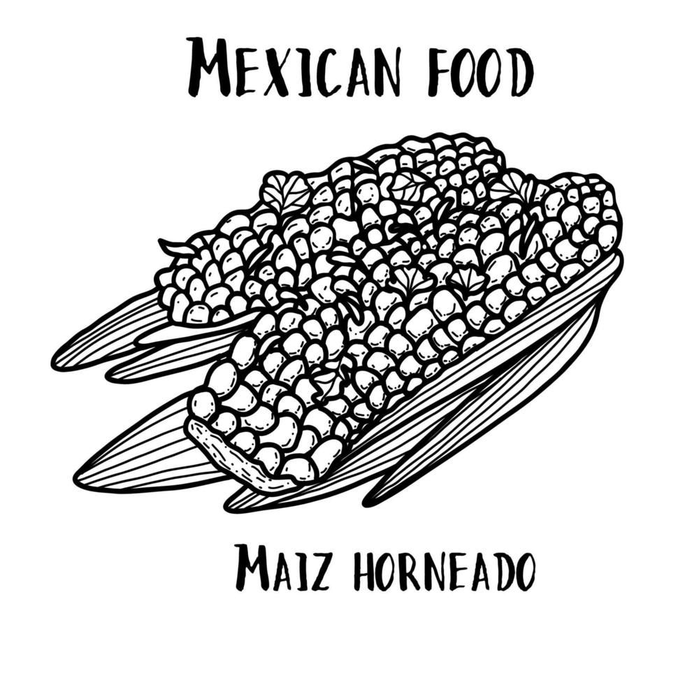 mexikansk mat maiz horneado. handritad svart och vit vektorillustration i doodle stil. vektor
