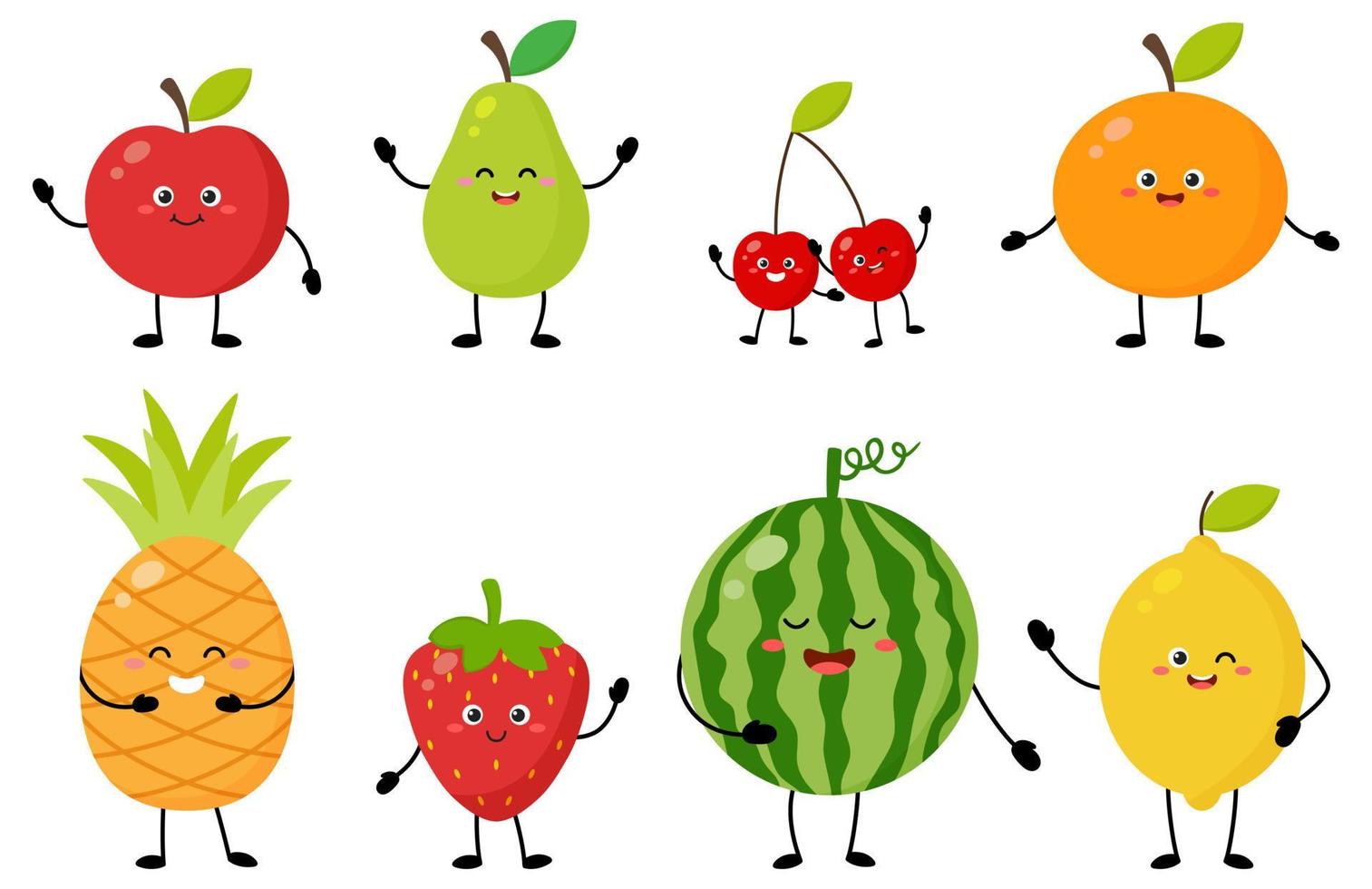 karikatursatz fröhlicher süßer fruchtfiguren mit unterschiedlichen posen und emotionen. süßer apfel, birne, kirsche, orange, ananas, erdbeere, wassermelone, zitrone für kindervektorlebensmittelillustration vektor