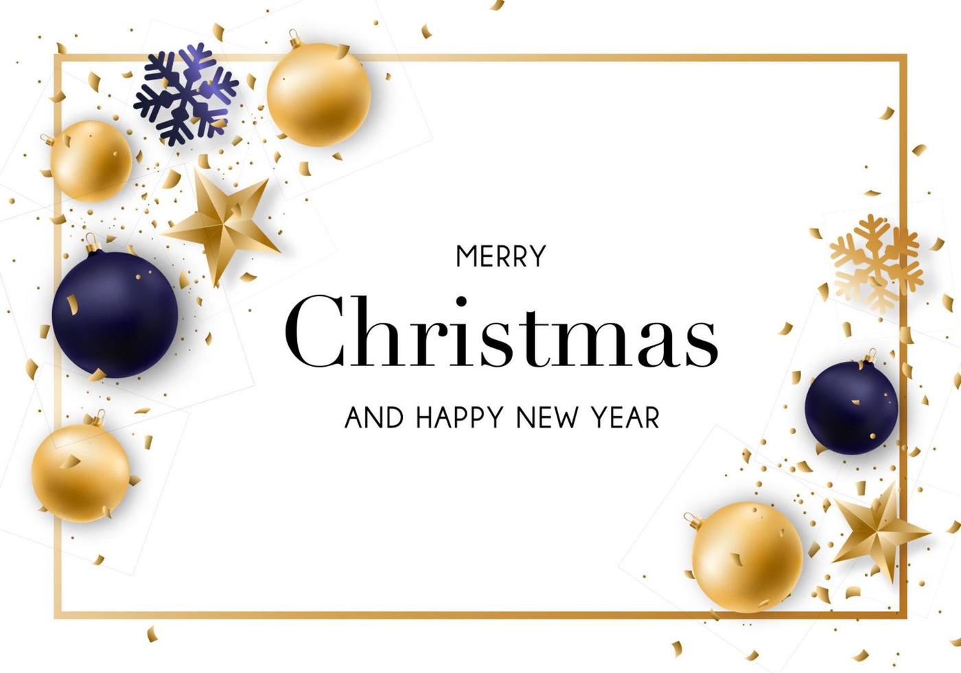 god jul och nytt år bakgrund med glänsande gyllene och blå bollar, serpentin och konfetti. vektor formgivningsmall.