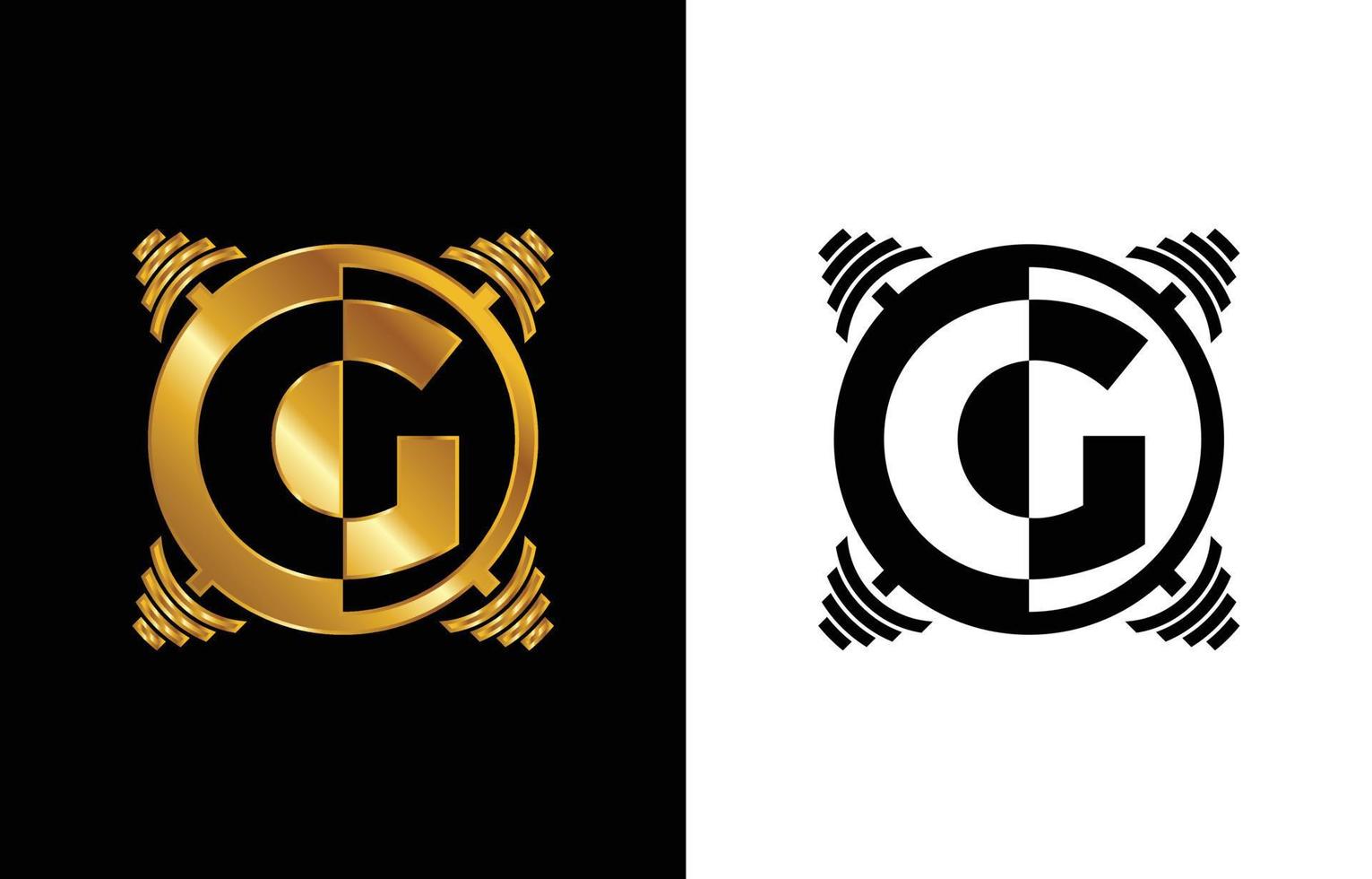 initial g monogram alfabet med en skivstång. lyft vektor logotyp design. modern vektorlogotyp för bodybuilding, gym, fitnessklubb, företag och företagsidentitet