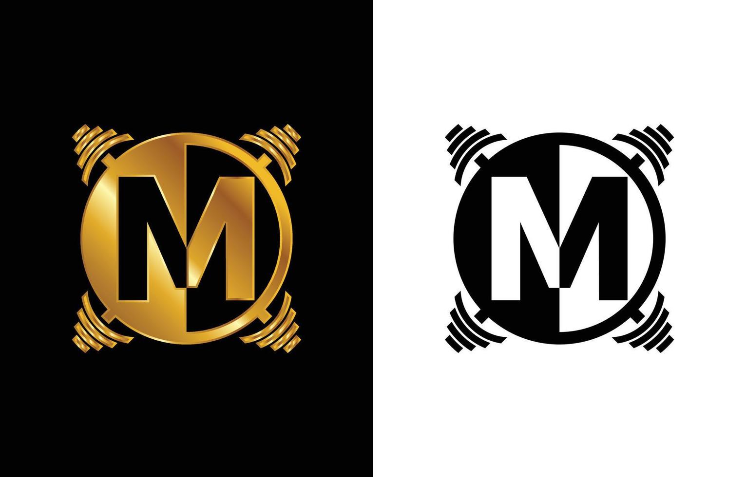 initial m monogram alfabet med en skivstång. lyft vektor logotyp design. modern vektorlogotyp för bodybuilding, gym, fitnessklubb, företag och företagsidentitet