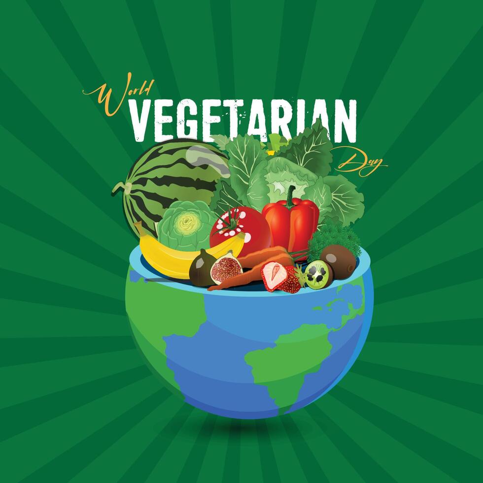 World Vegetarian Day affischer, banderoller och reklamdesign. mat dag typografi bokstäver med kartan över världen och en mängd olika vegetabiliska föremål på isolerad bakgrund. 3D vektorillustration. vektor