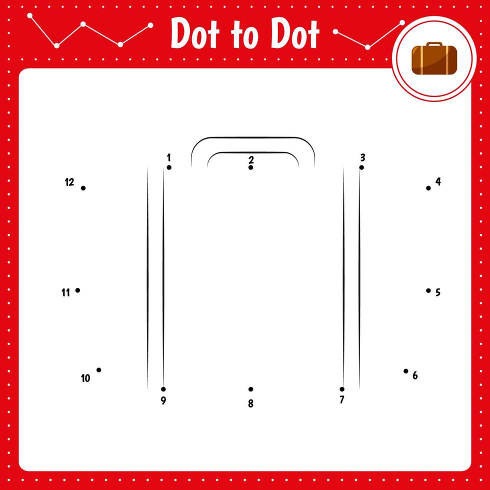 koppla ihop prickarna. luggage.dot to dot pedagogiskt spel. målarbok för förskolebarn aktivitet kalkylblad. vektor illustration.