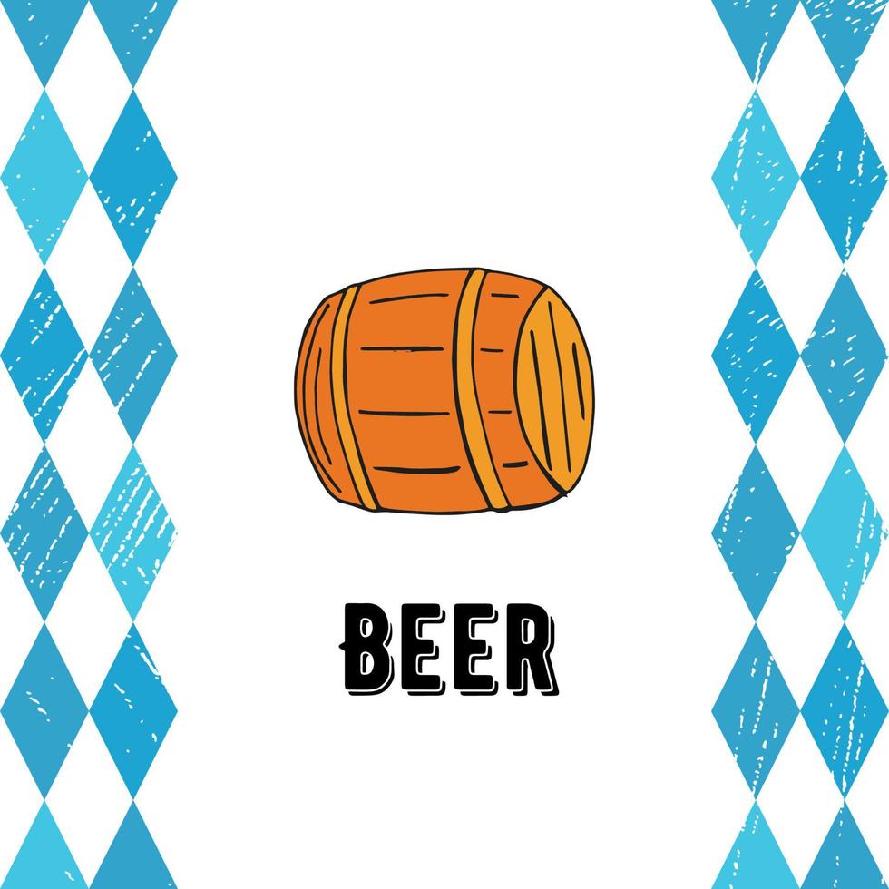 oktoberfest 2022 - bierfest. handgezeichnete Doodle-Elemente. deutscher traditioneller feiertag. Farbfass Bier auf weißem Hintergrund mit blauen Rauten und Schriftzug. vektor