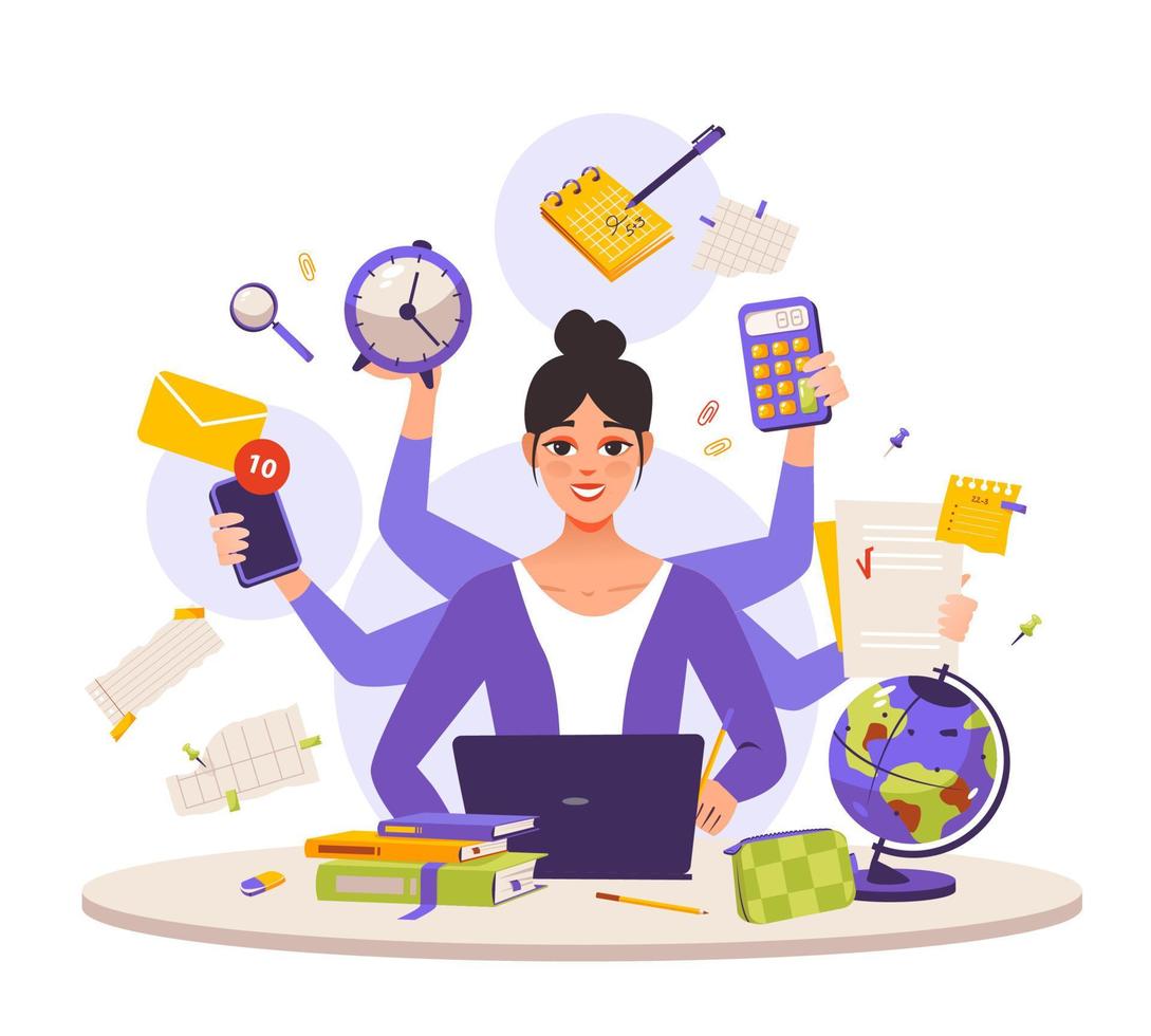 multitasking, personlig produktivitet. en multitasking affärskvinna vid en bärbar dator, upptagen med att arbeta på kontoret. en upptagen tjej som har många händer för att göra flera uppgifter samtidigt. frilansarbetare. vektor